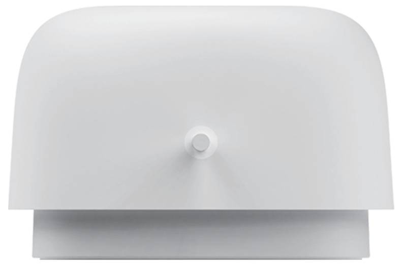 A white, rectangular plastic cover with rounded edges and a central fixing point in the centre.