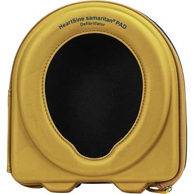 Carry case for HeartSine samaritan PAD Defibrillator; yellow cover with black, oval insert and blue zip trim.