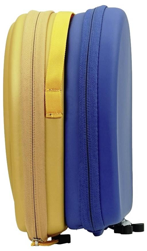 Two hard-shell suitcases standing side by side, positioned upright in yellow and blue, connected by a yellow strap.