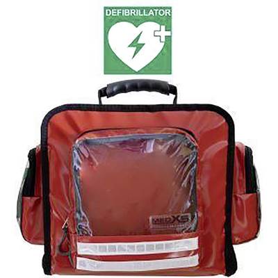 An orange first aid bag with a transparent front, marked with 'Defibrillator' and a heart symbol at the top.