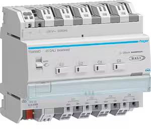A residual current device (RCD) with four switches and multiple labels for electrical safety and control in a control cabinet.