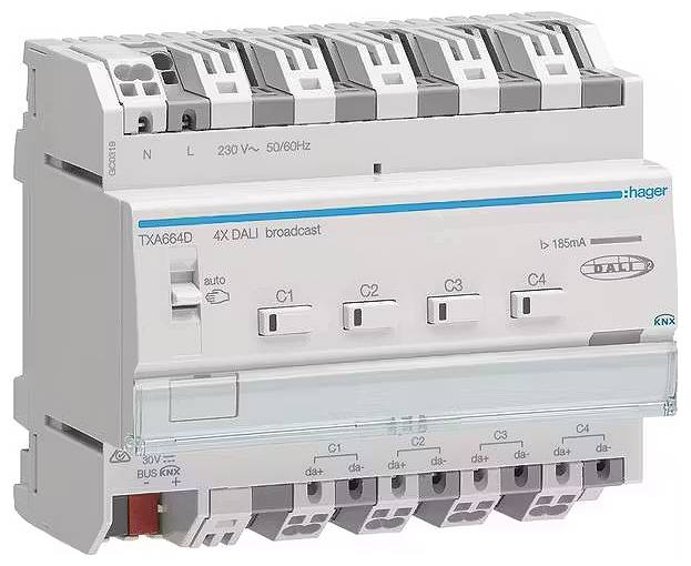 A Hager TXA664D module offering 4-fold DALI broadcast functionality, with multiple connections and a KNX interface label.