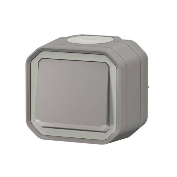 A grey, square enclosure with rounded edges and a hinged cover, possibly a weatherproof switch for outdoor use.
