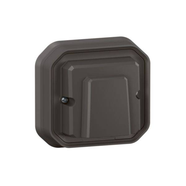 Brown square enclosure lid with rounded corners and two screws on the left and right, presumably for electrical connection.