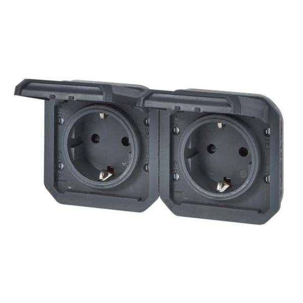 Double, grey outdoor socket with hinged covers. Suitable for use outdoors to protect against weather influences.