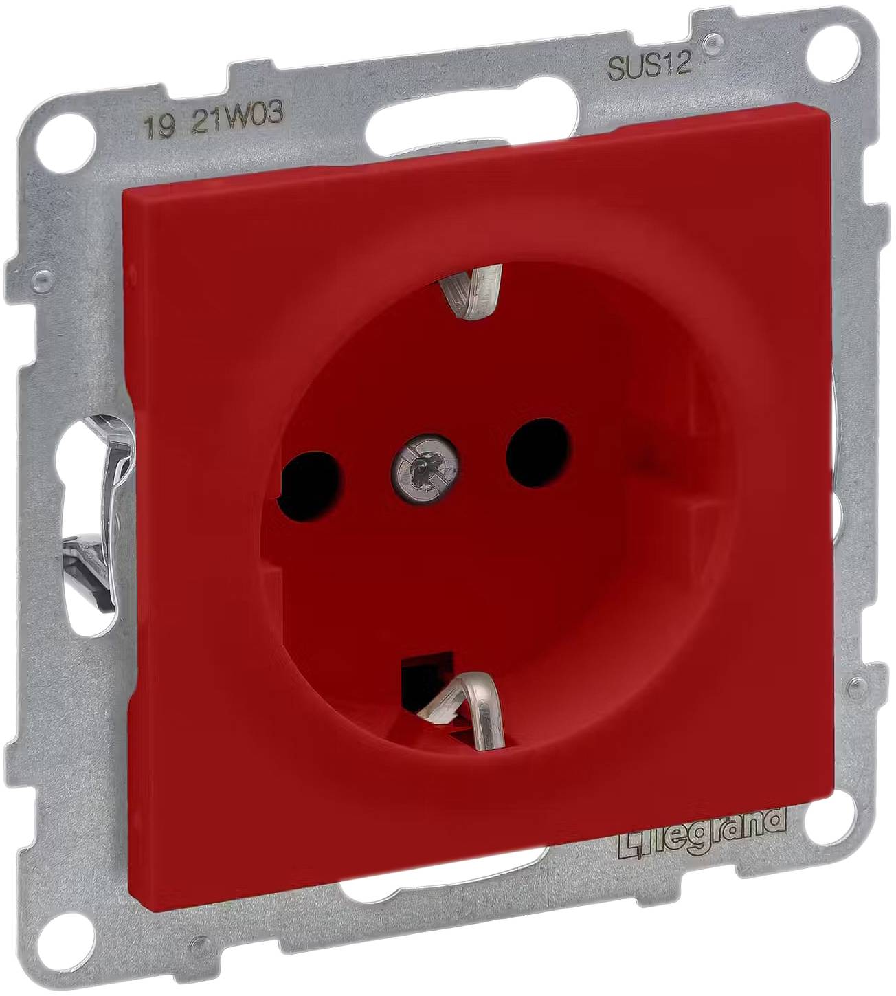 A red, square socket by Legrand with two outlets and a mounting frame, slightly angled from the viewing perspective.