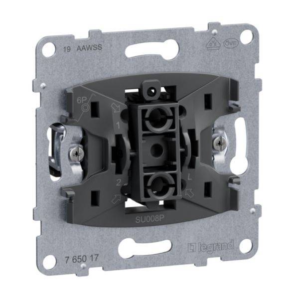 A black Legrand switch mechanism, suitable for installation in recessed boxes, with multiple connection options.