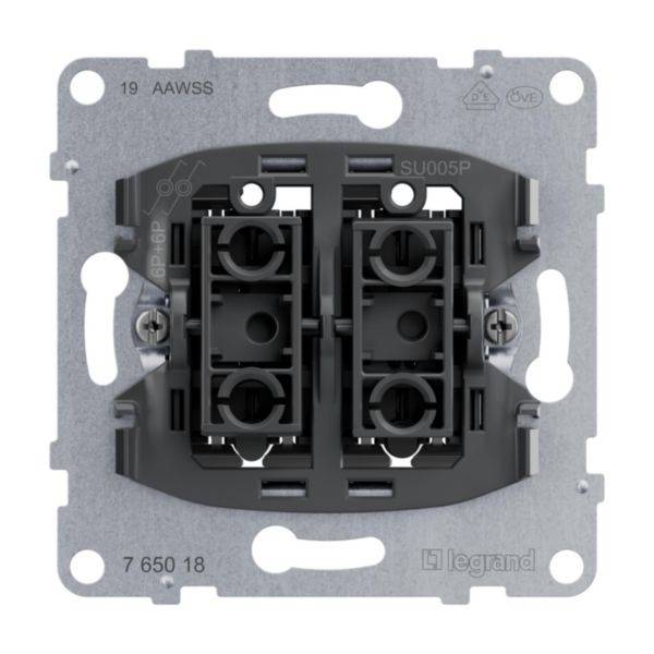 Metal frame with two black, rectangular socket outlets, 'Legrand' brand name visible, for electrical installations.
