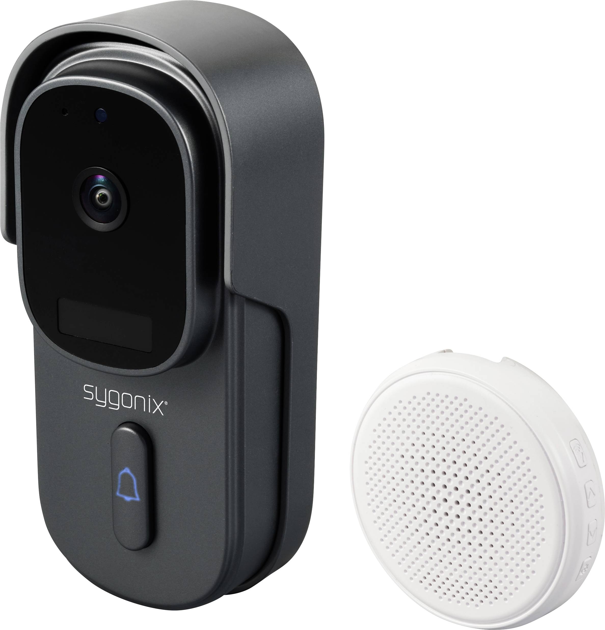 Video doorbell with camera and speaker module. 'sygonix' on the doorbell, blue bell symbol. Compact, modern design.