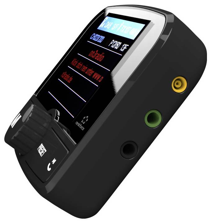 Electronic device with a display showing various settings. Side ports in yellow and green. Device tilted.
