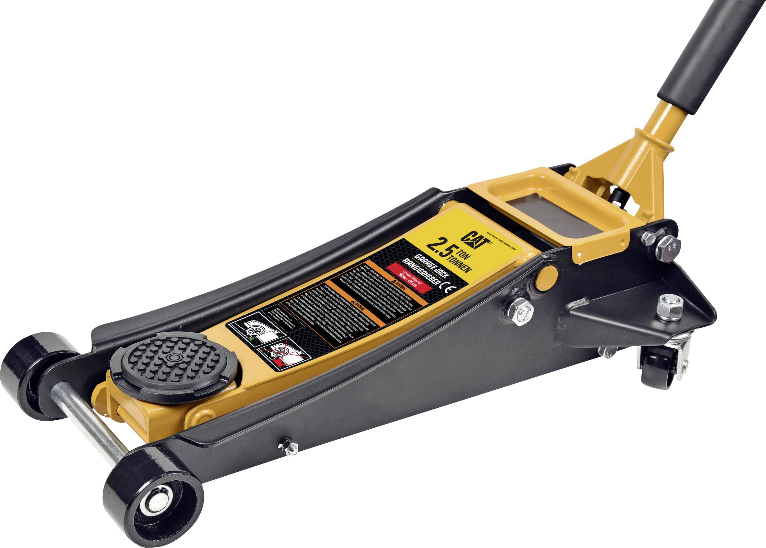 A yellow and black hydraulic floor jack with a labeled lifting capacity of 2.5 tons, featuring a handle and rollers for mobility.