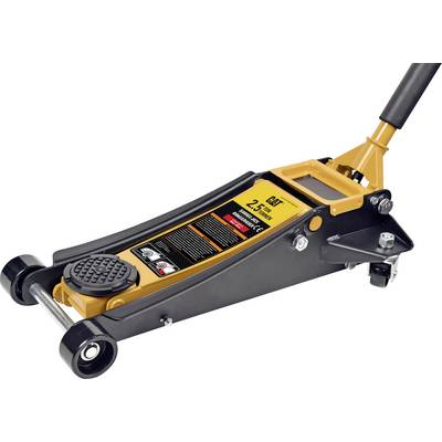 A yellow and black hydraulic floor jack with a labeled lifting capacity of 2.5 tons, featuring a handle and rollers for mobility.