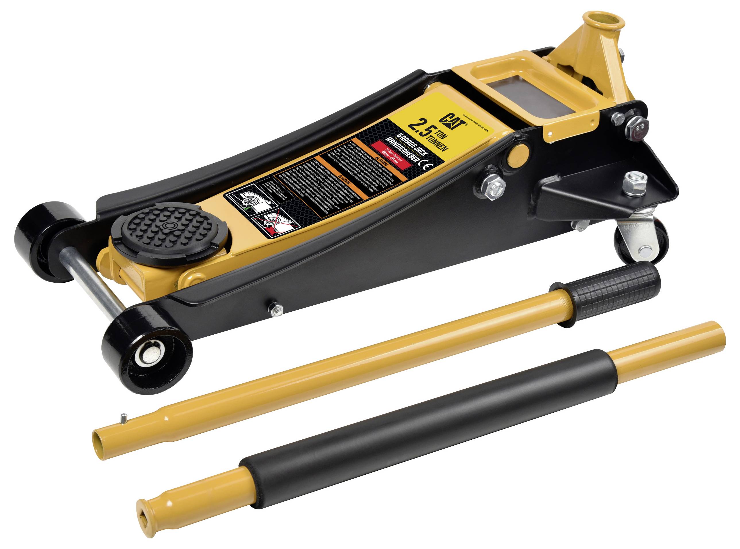 A yellow and black floor jack with '2.5 Ton' label, featuring wheels and a removable handle, used for lifting vehicles.