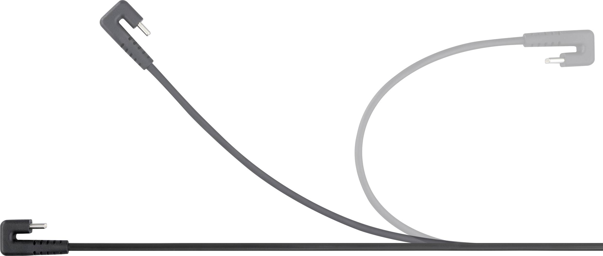 'Grey electrocardiogram cable with two plugs at one end, a spiral section, and a straight section at the other end.'