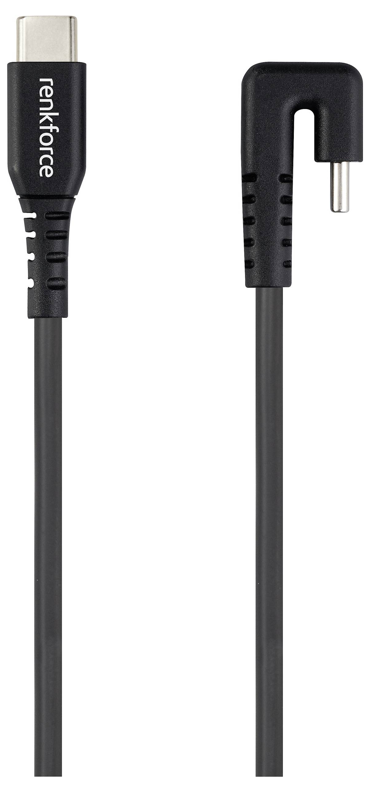 USB-C to 90-degree round connector cable, black, with 'Renkforce' printed on the USB-C connector.