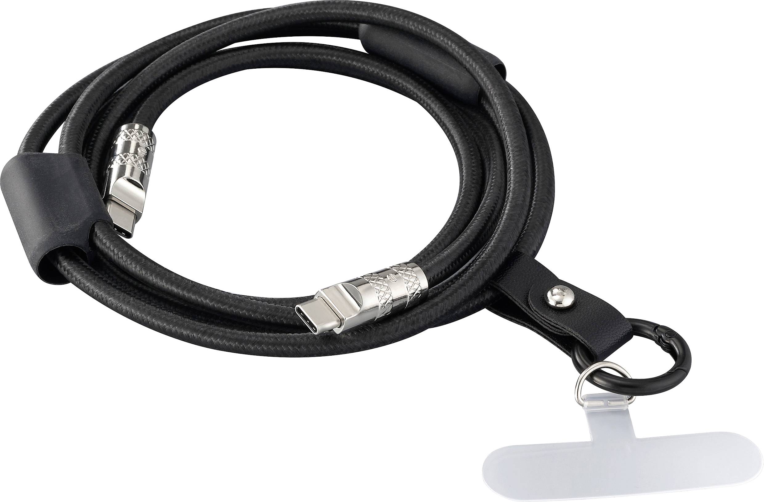 A black USB cable with metal connectors and an attached black leather strap with a key ring.