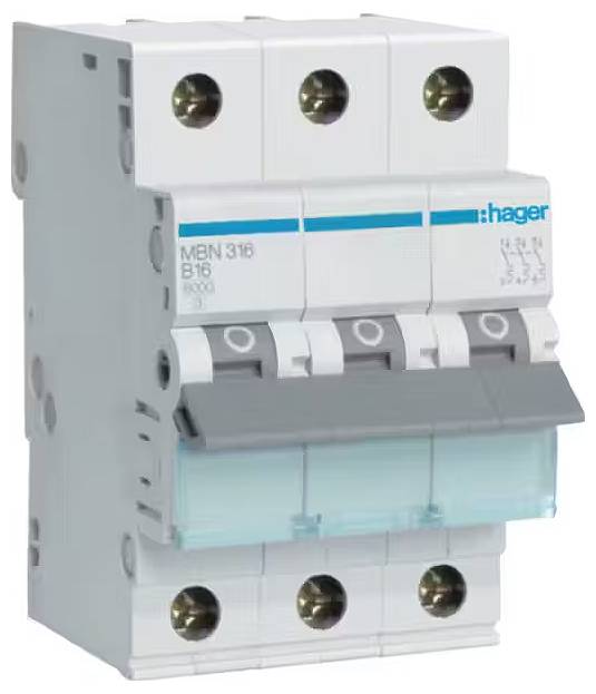 A three-pole performance protection circuit breaker with the inscription 'Hager MBN 316 B16'. It is used to protect electrical circuits from overload or short circuit.