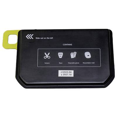 Black case with pictograms and the inscription 'Scissors, Razor, Disposable gloves, Resuscitation mask'. Expiry date 10.2027.