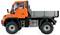 An orange lorry with an open cargo bed and large tyres is parked sideways. It is a versatile commercial vehicle.