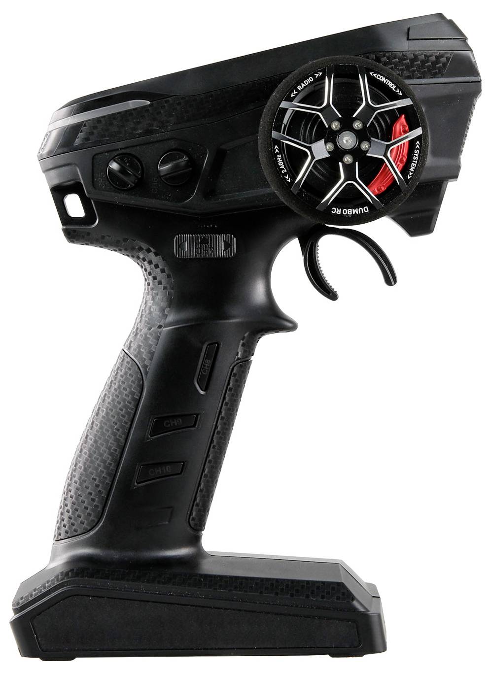 A black remote control with a steering wheel and multiple buttons, for controlling RC vehicles.