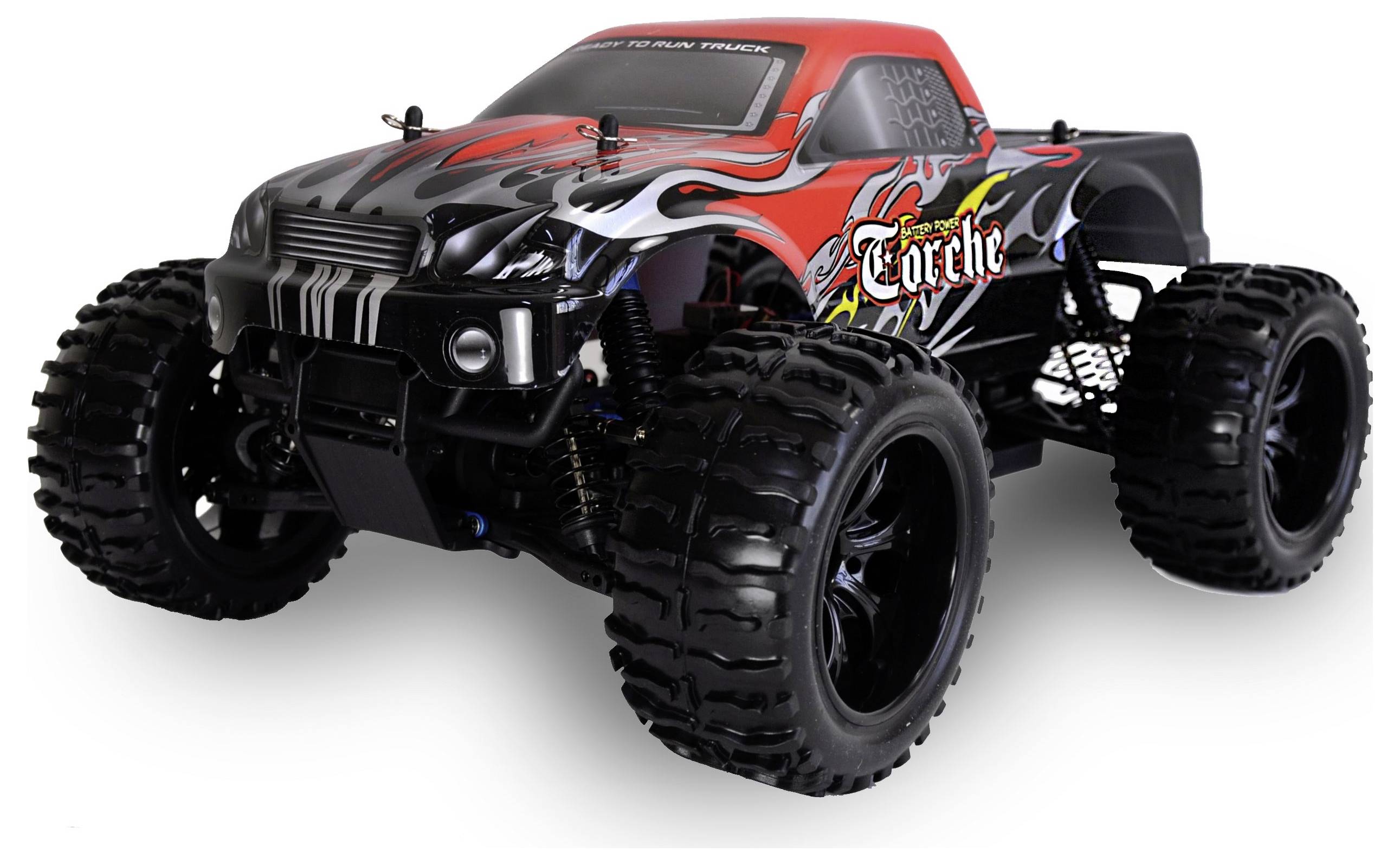 A remote-controlled, red and black striped monster truck model with large tyres and flame motifs on the bodywork.