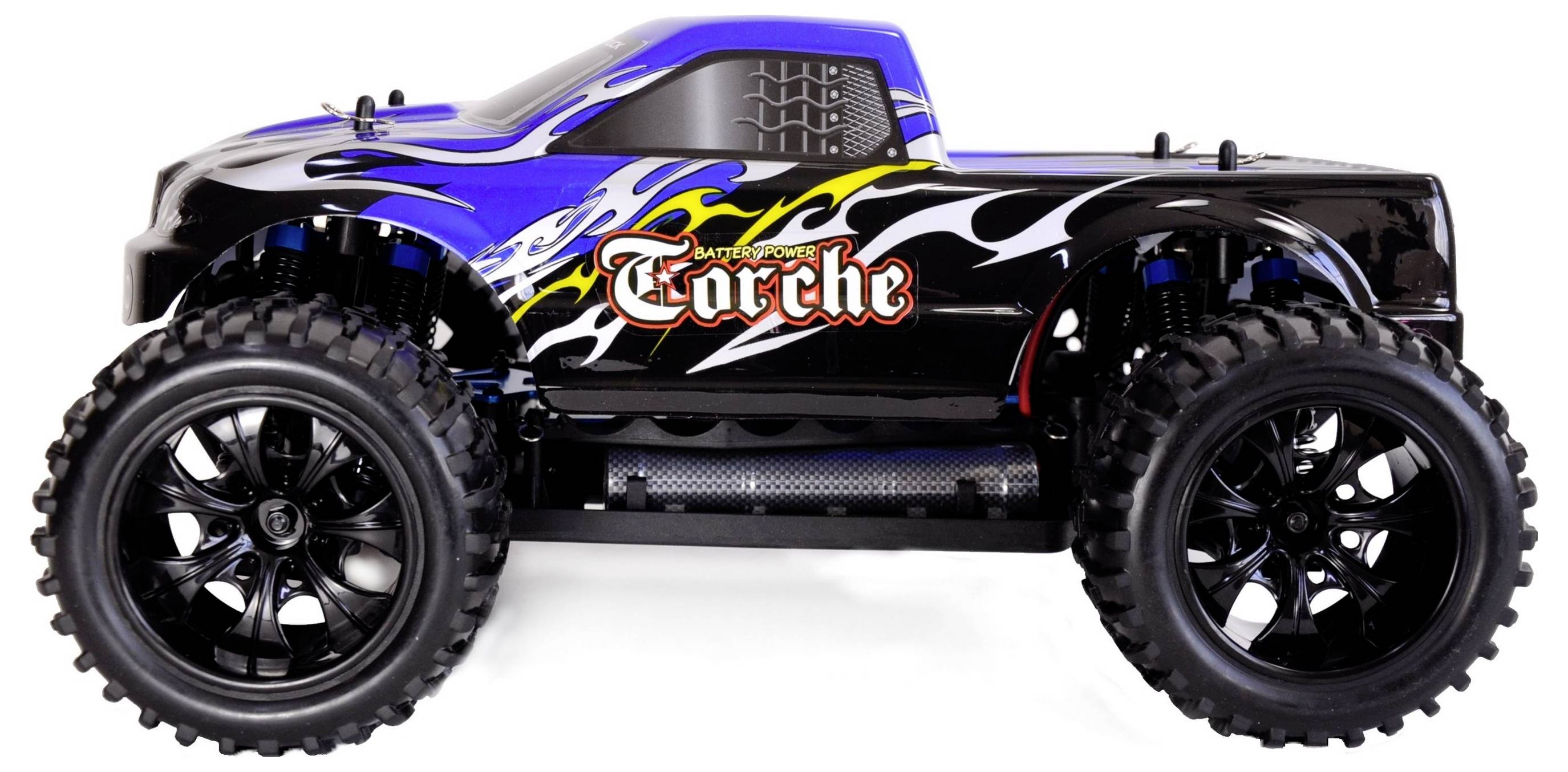 Toy car in blue and black with large 'Torche' lettering on the side, large wheels suitable for off-road terrain.