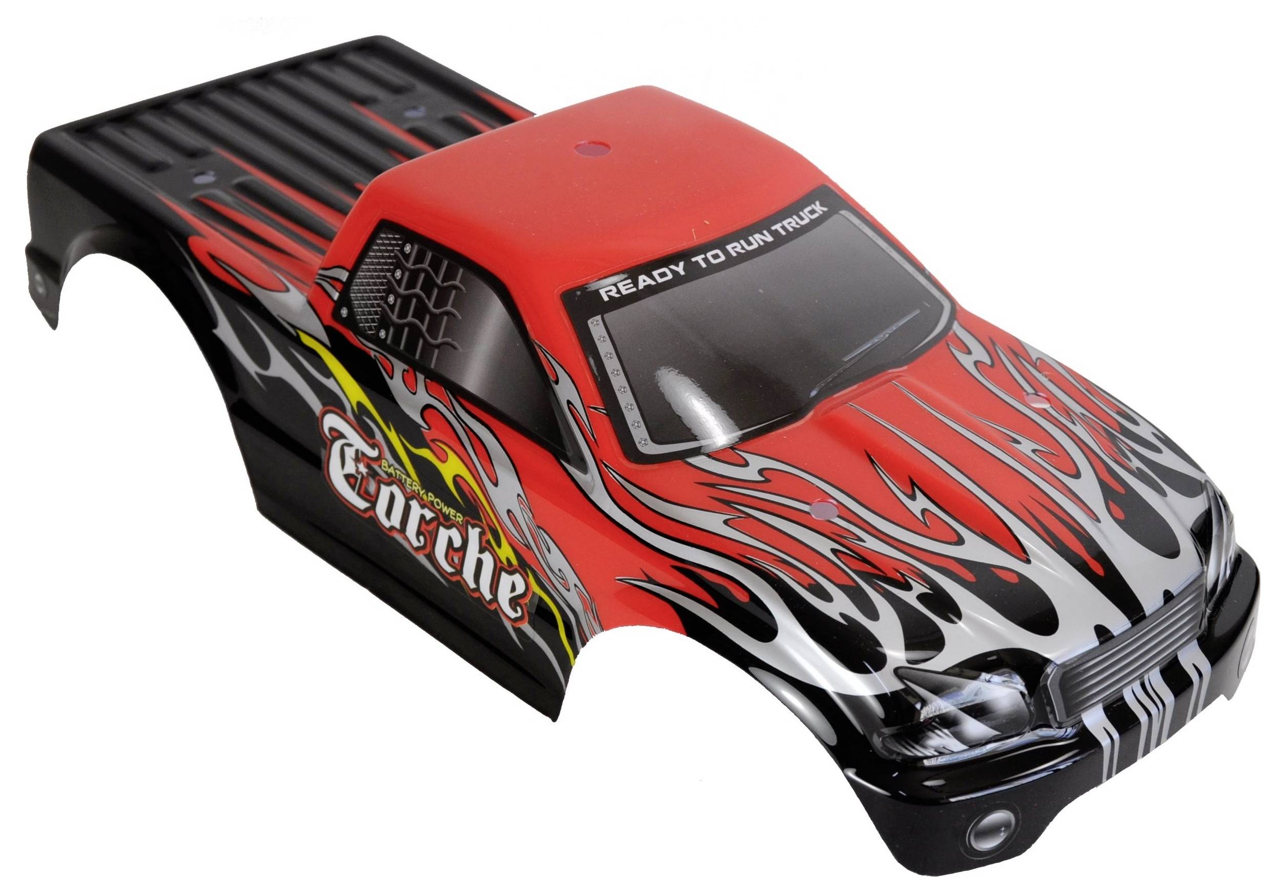 A red and black remote-controlled car chassis with a flame pattern and the inscription 'E-Arche' on the side.