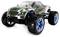 Remote-controlled car in black and green with large blue wheels, characterised by sporty design and robust construction.