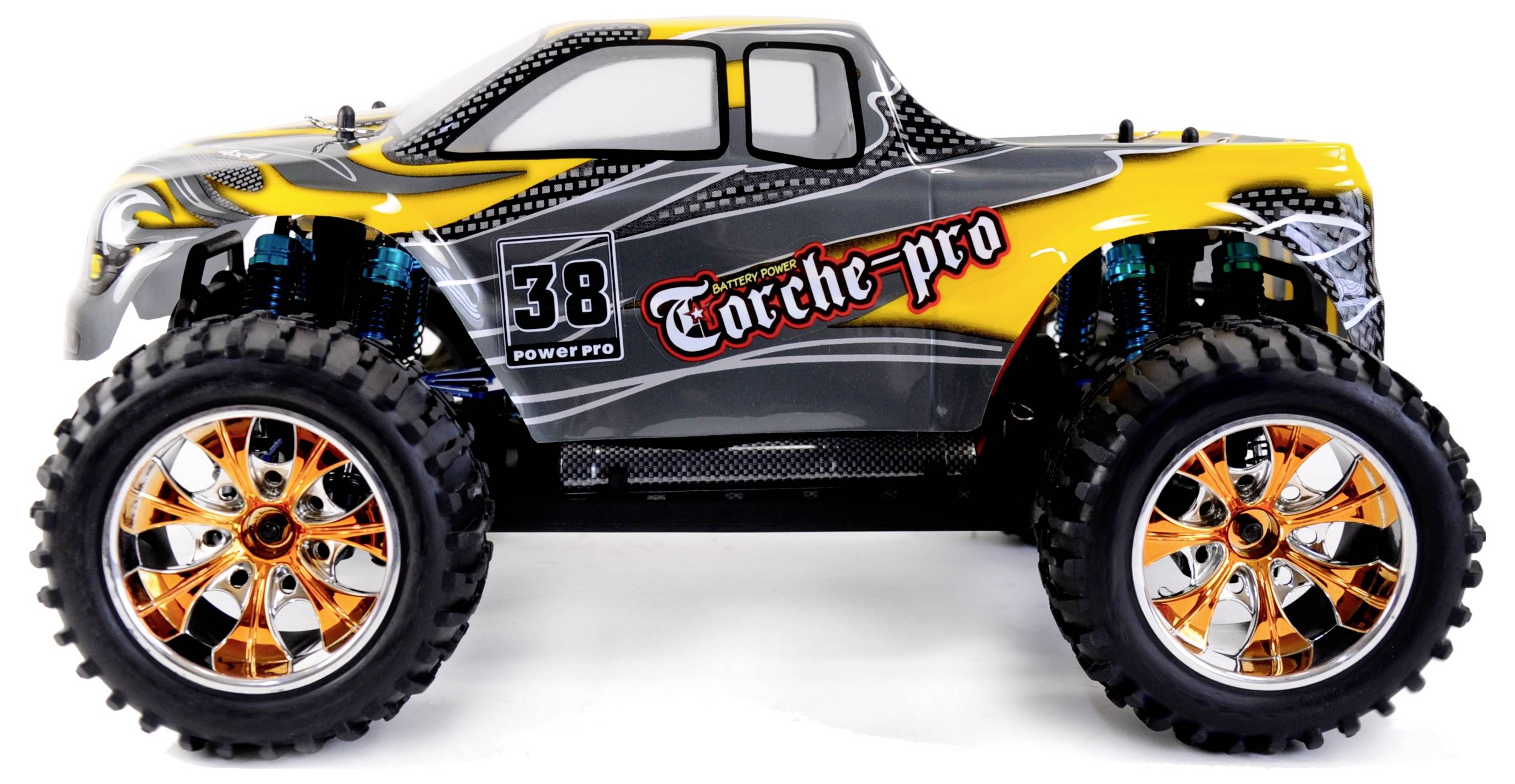 Yellow and grey remote-controlled toy truck with large orange-black wheels, side view. Model number '38'.