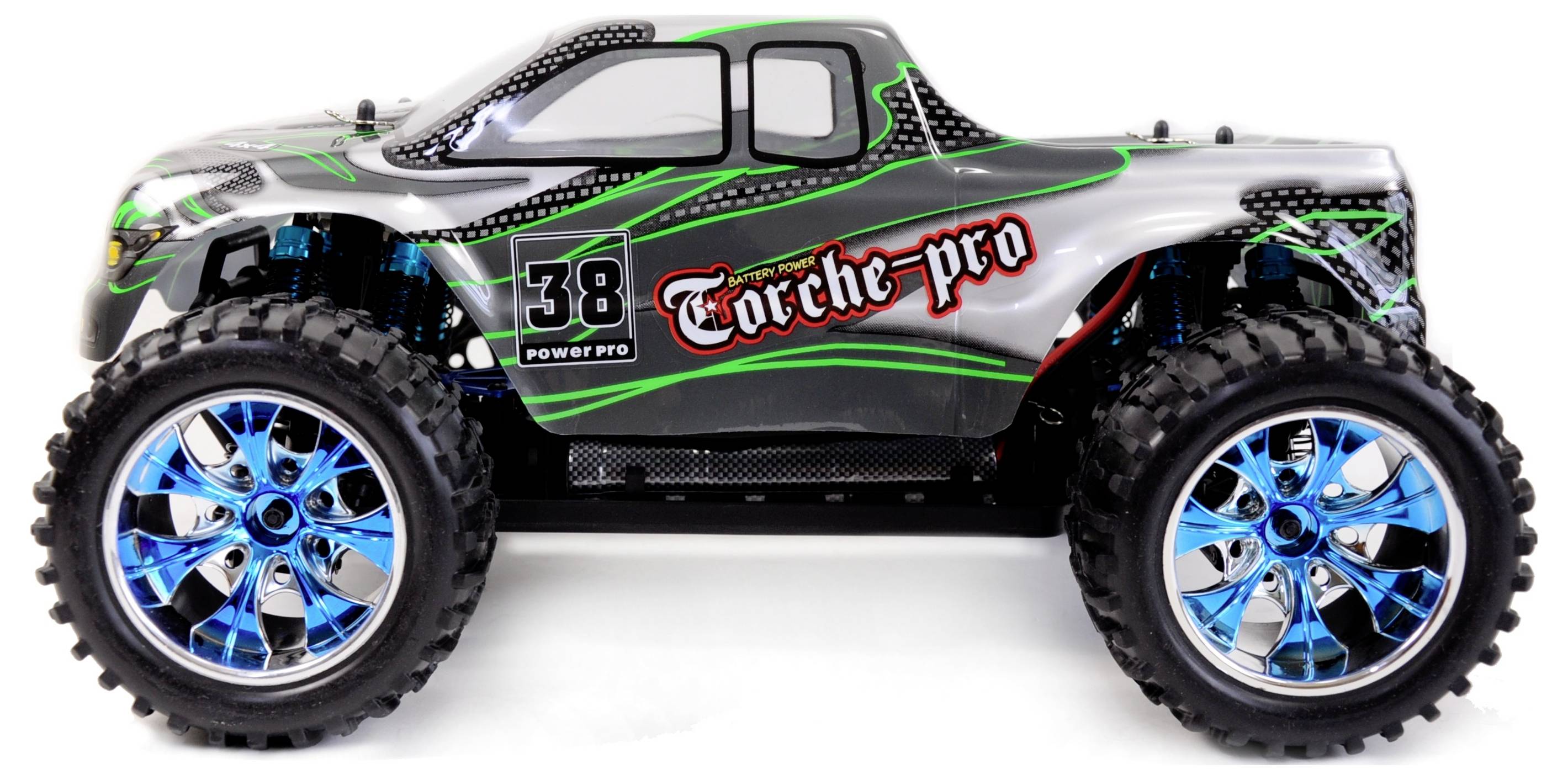 Toy truck in off-road lorry design, grey with green and red accents, blue wheels, large tyres, and the inscription 'Torche-pro'.