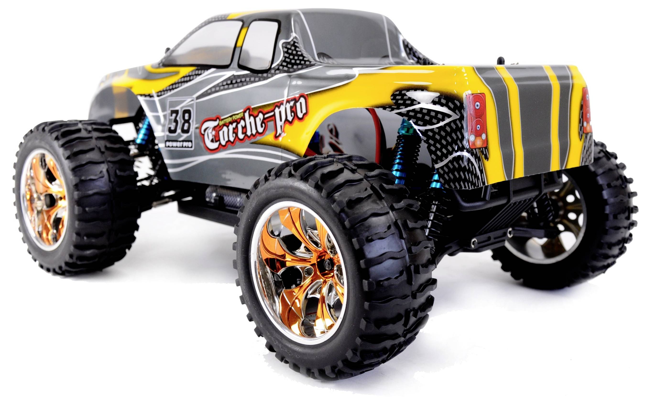 Colourful toy car with large tyres and distinctive orange-coloured alloy wheels, viewed from the rear. 'Torch-pro' sticker visible.