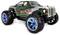 Toy RC car with green and black bodywork, blue wheel rims and large off-road tyres, viewed from a slightly rear angle.