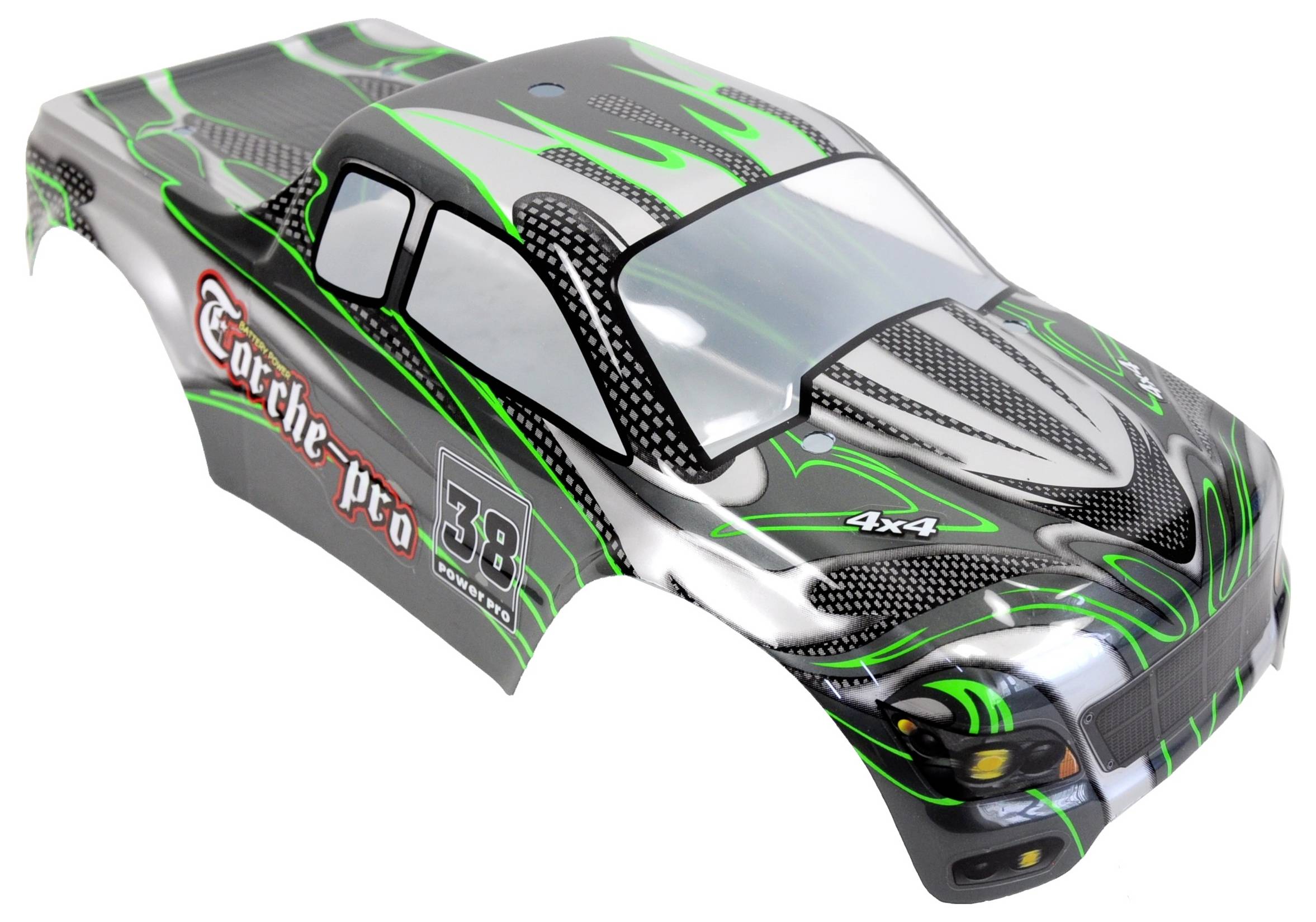 Body of a remote-controlled car with green and black patterns and the inscription 'Torche-pro' on the side.