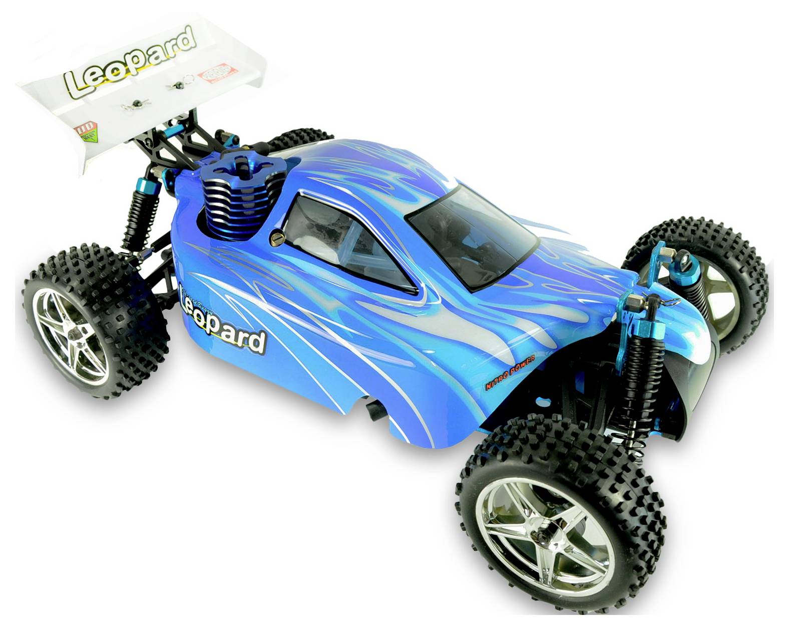 A blue remote-controlled car with a flame pattern, chunky tyres, and a white rear spoiler on a white background.