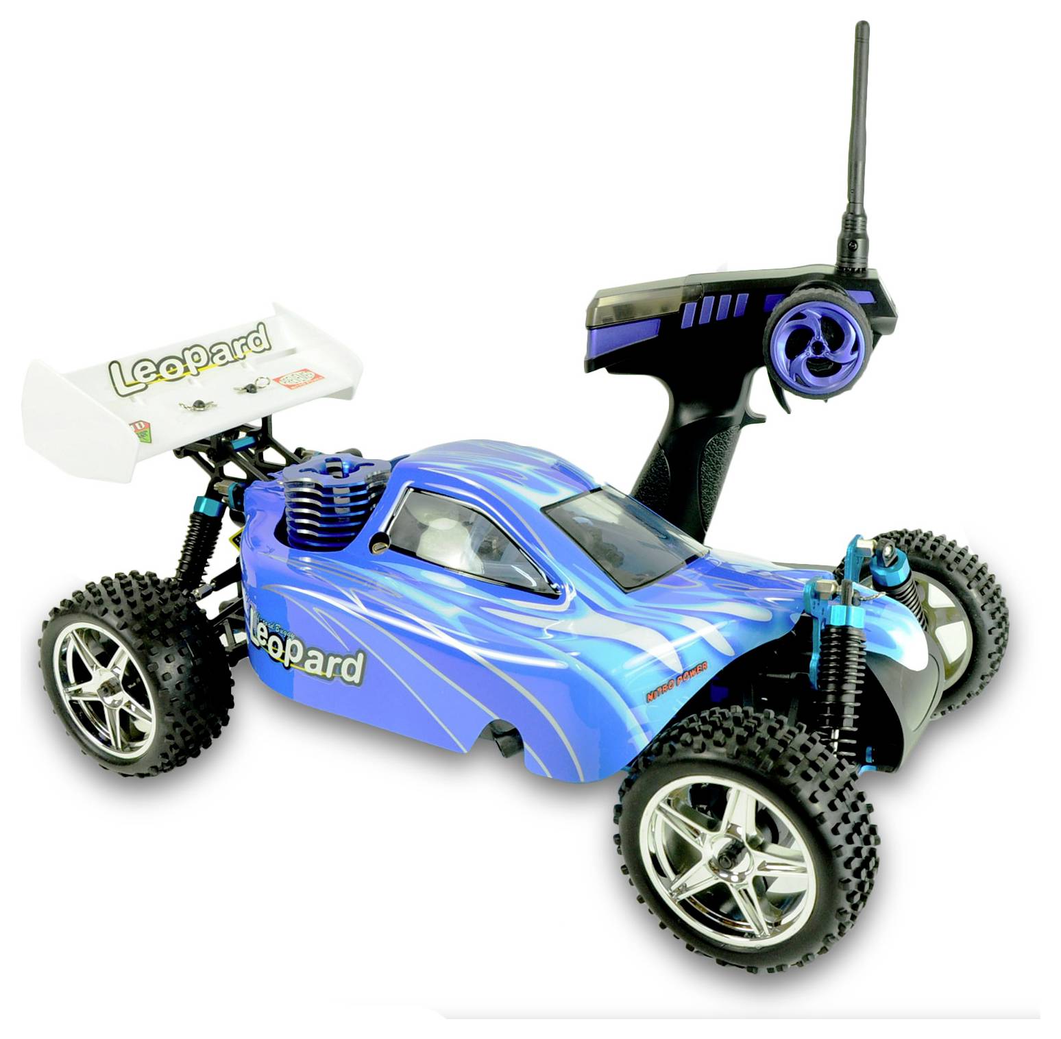 Remote-controlled blue RC car with large tyres and a 'Leopard' sticker on the side. A remote control is pictured.