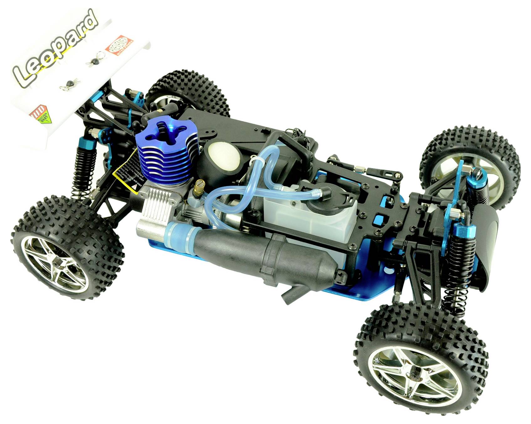 Remote-controlled model car with an open chassis, revealing the motor, suspension, and electronics. Suitable for off-road racing.