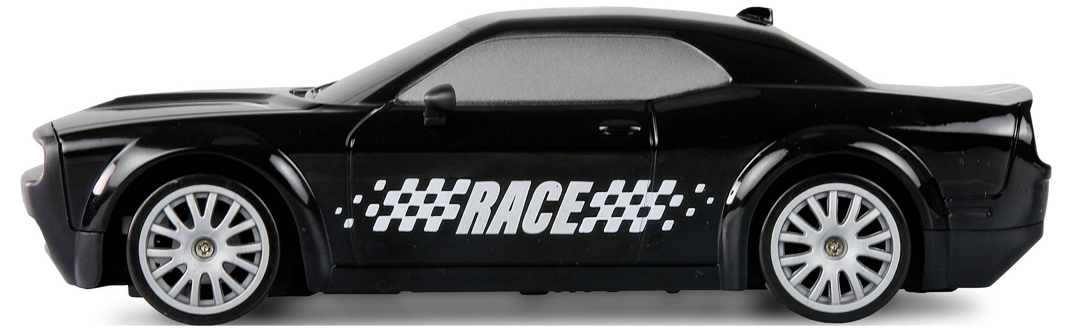 Toy racing car made of black plastic, side view with 'RACE' inscription, stylised racing stripes.