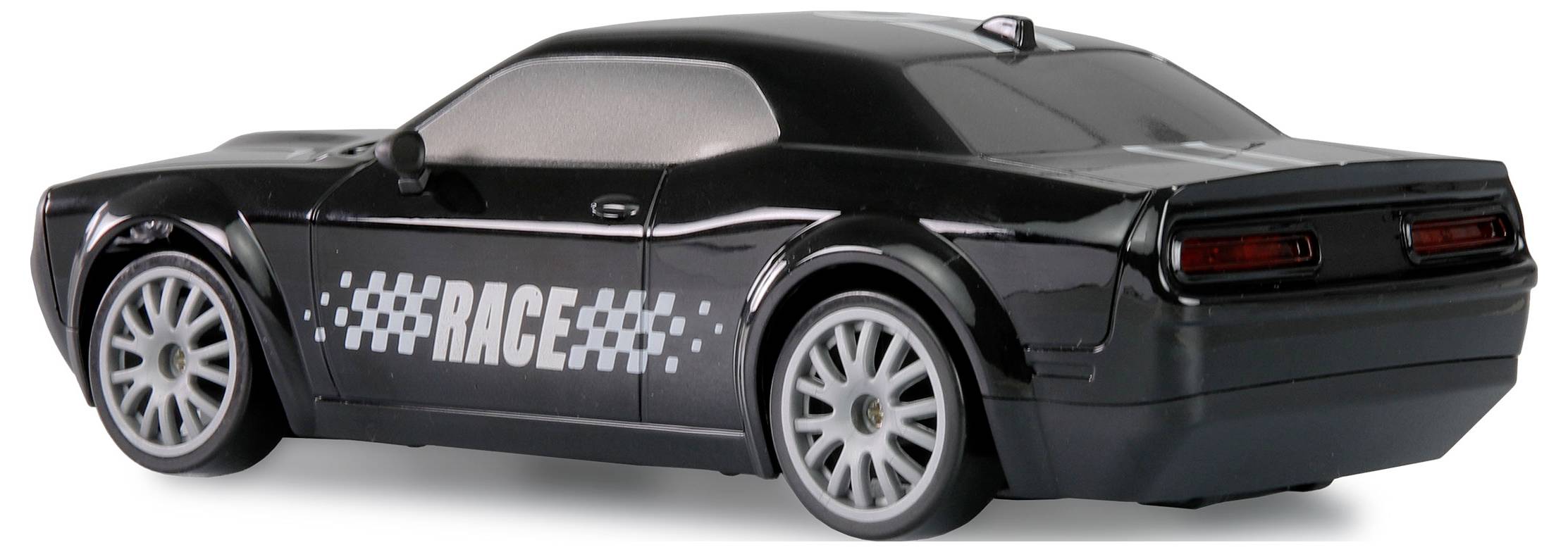 Black toy car with 'RACE' written on the side, parked position with glossy bodywork and sporty tyres.