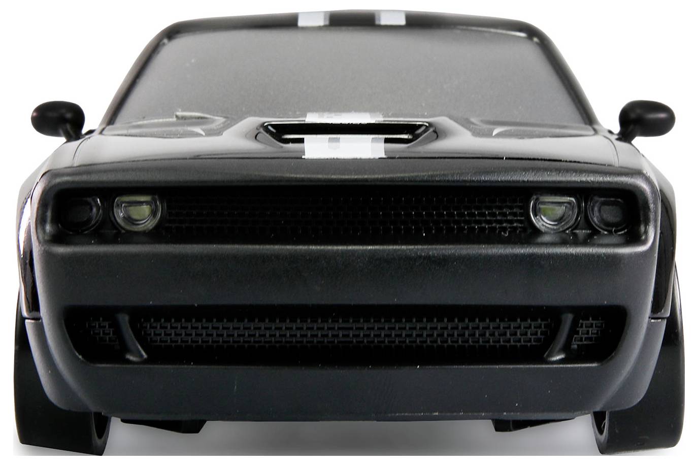 A black toy car with white stripes on the bonnet, photographed head-on.