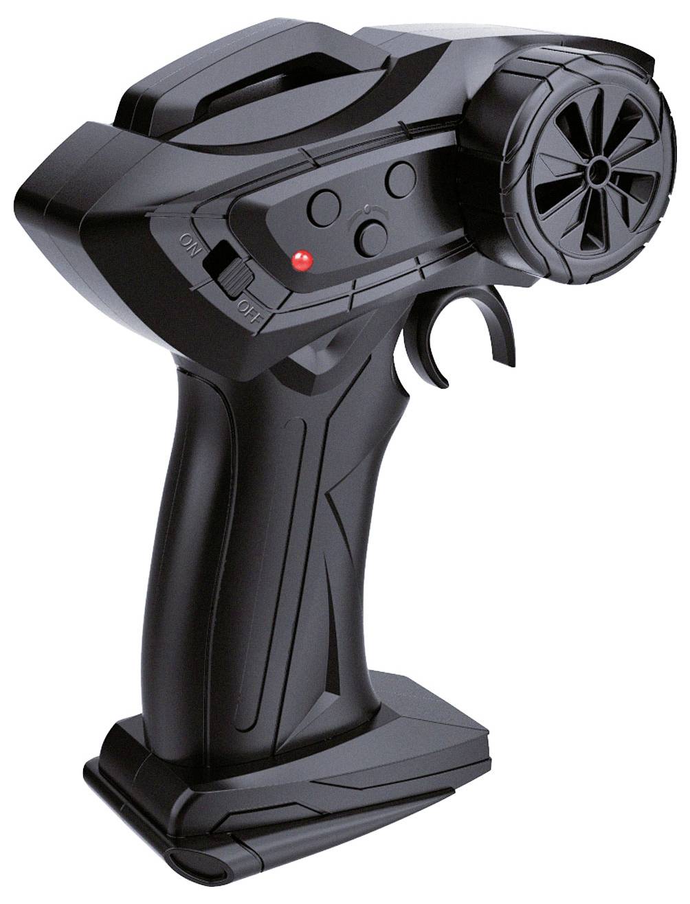 Black remote control controller with multiple buttons and a large rotary knob, used for controlling model vehicles.