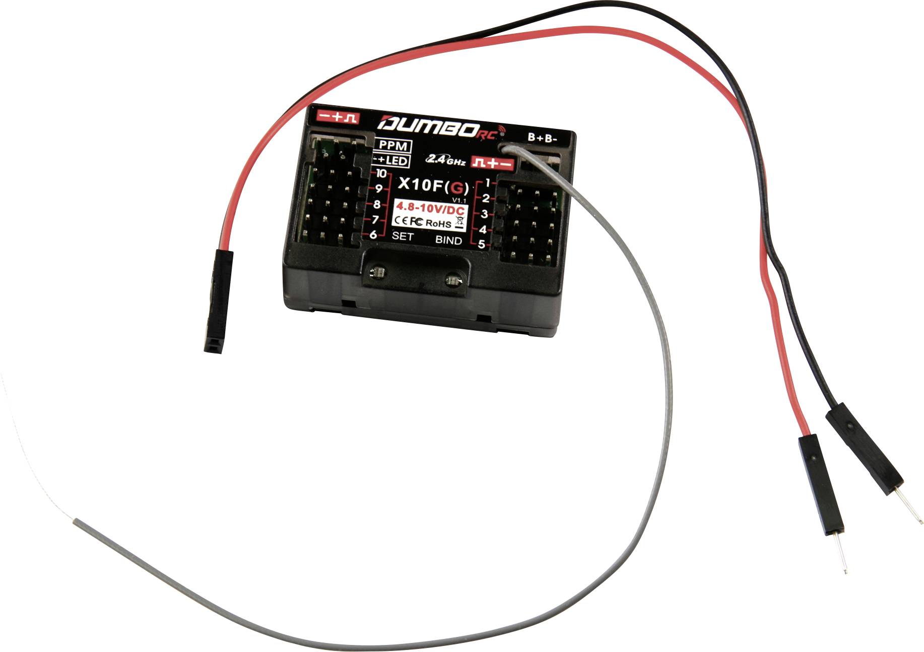 A black remote control receiver with multiple ports and coloured wires, marked with 'Dumbo rc X6FG'.