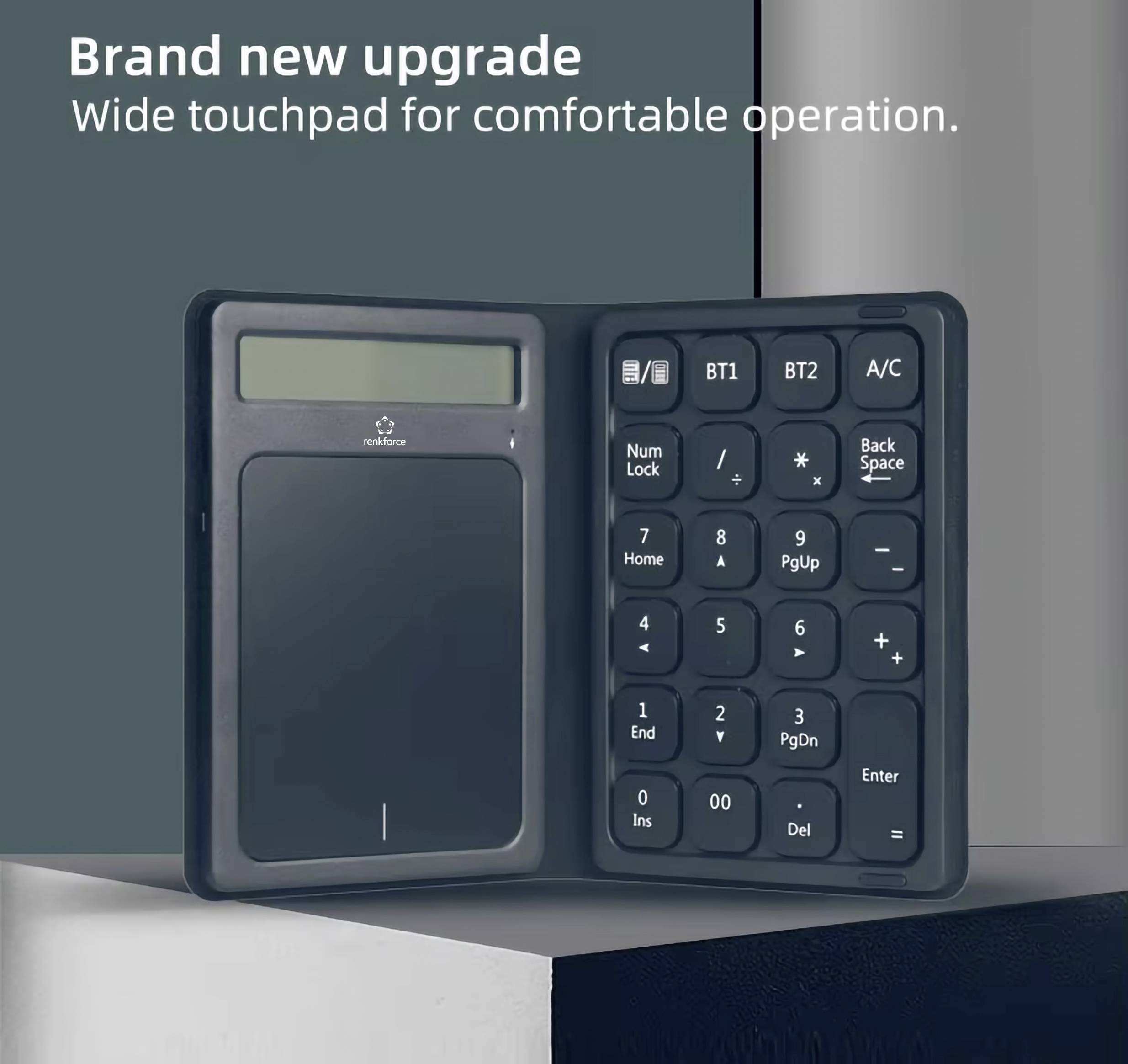 A foldable calculator with a large touchpad for comfortable operation. At the top it reads: 'Brand new upgrade'.