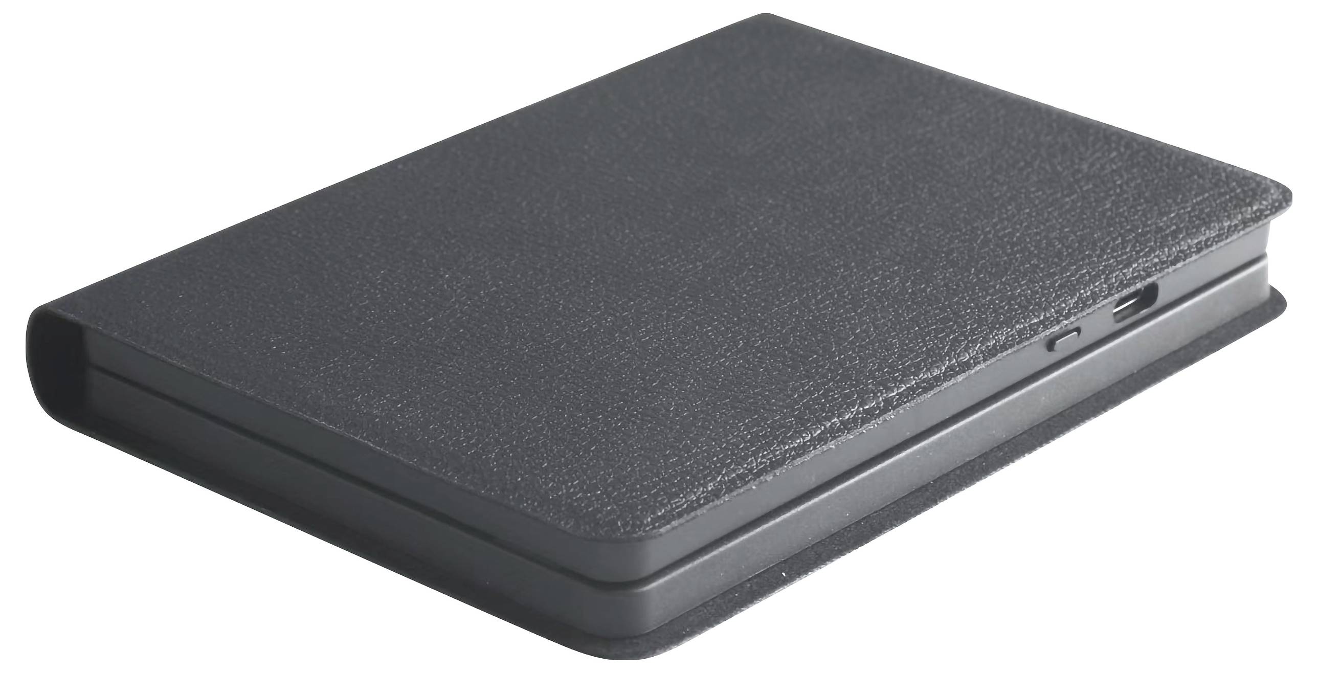 Flat, black external hard drive with a leather-like finish, closed, with visible USB port, lying on a white surface.