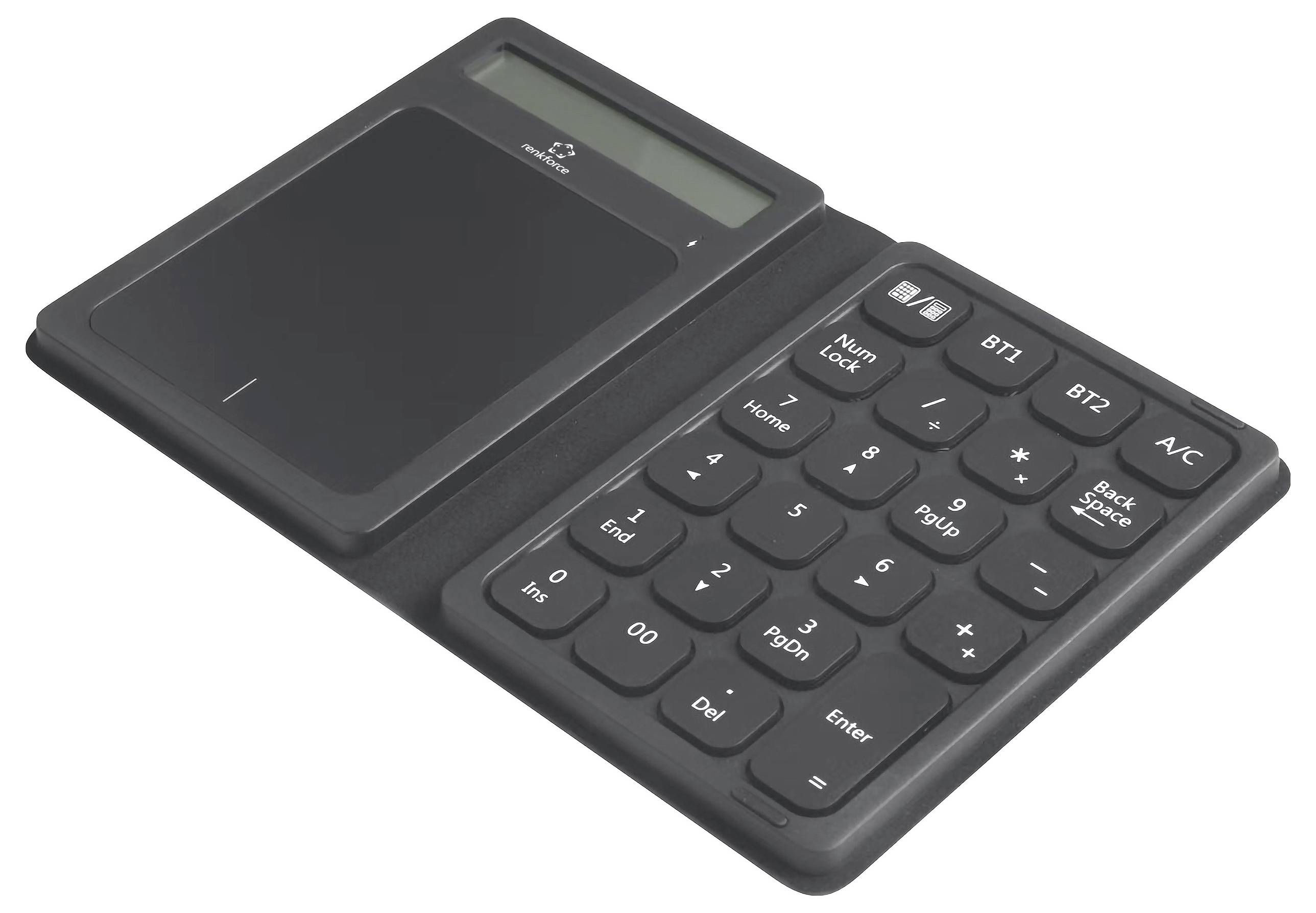 A black calculator with a number pad on the right side and an integrated touchpad on the left side.