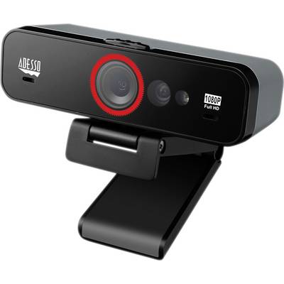 Black webcam with integrated microphone and Full HD resolution, suitable for video conferences.