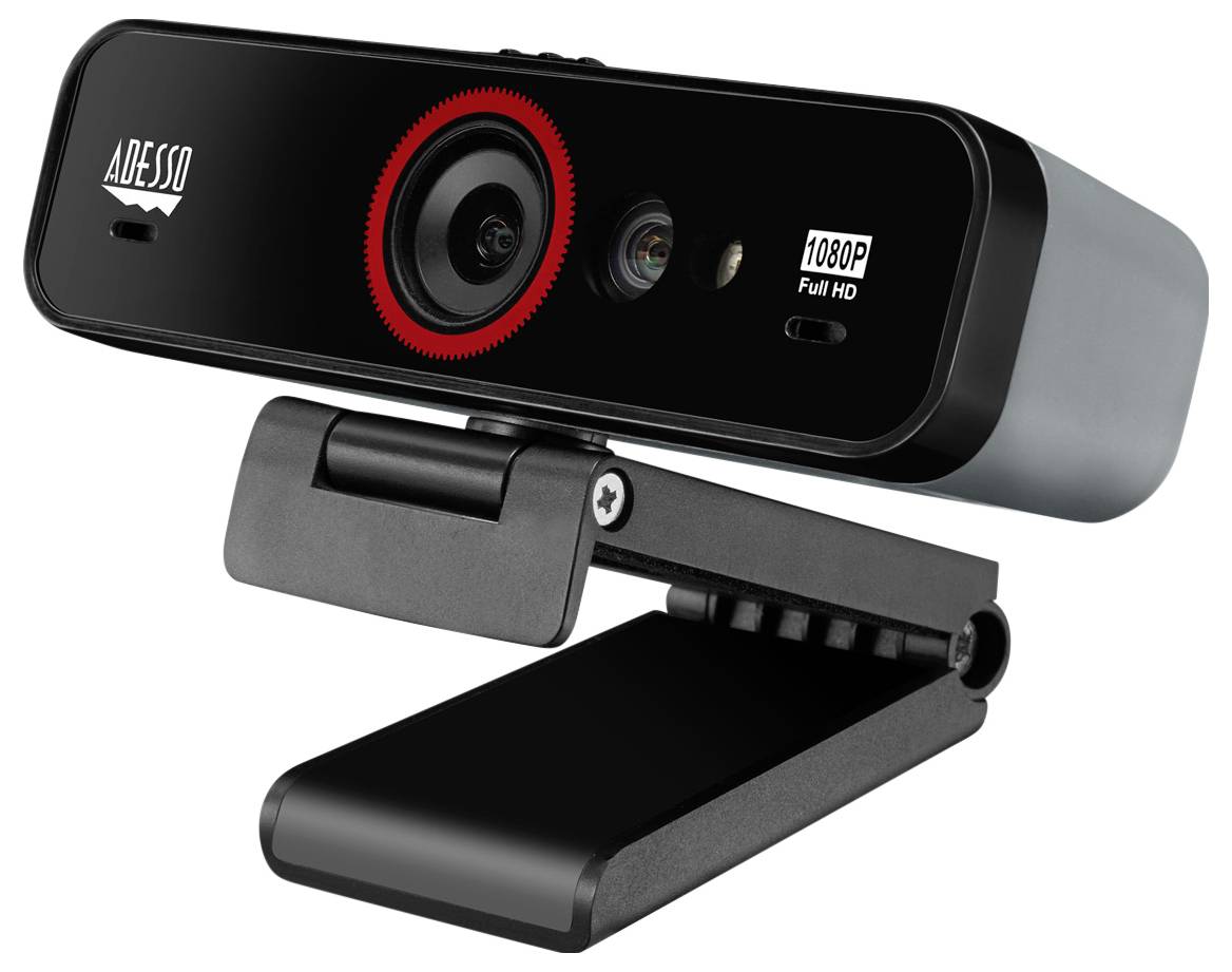 Black webcam with clip mount, two lenses, and 1080p Full HD resolution. Suitable for video calls and online meetings.