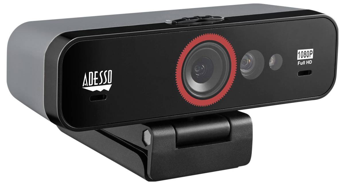 A black webcam with the label 'Adesso', surrounded by a red ring. It has HD resolution and is mounted on a foldable stand.