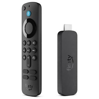 A black remote control next to a streaming stick labelled 'fire TV'.