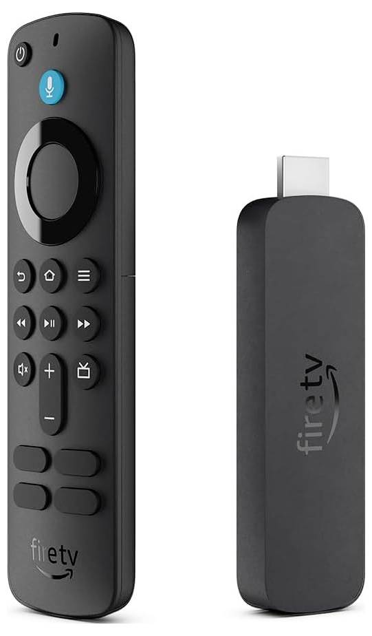 A black remote control and a streaming stick with 'Fire TV' logo, for controlling a television or streaming service.