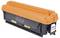An orange and black toner cartridge labeled 'CF363A' for a laser printer, featuring various safety and handling symbols on its side.